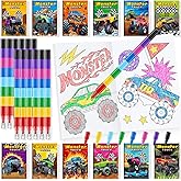 BenLouis 24 Monster Truck Mini Coloring Books Kids with 24 Stacking Crayons Monster Car Party Favors Activity Books Bulk for Kids Monster Truck Birthday Goodie Bag Gift Stuffer Classroom Travel