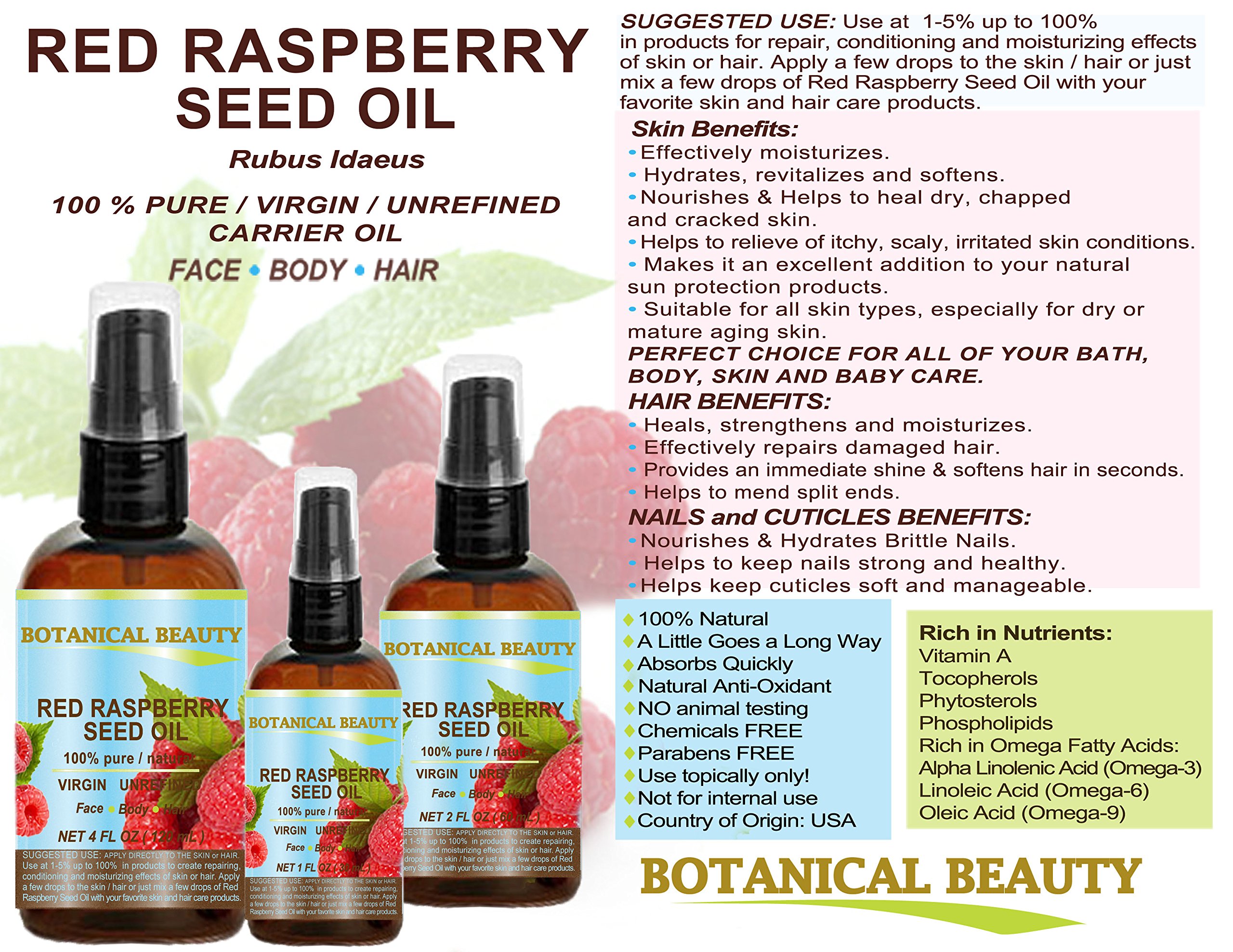 RED RASPBERRY SEED OIL 100 Pure / Natural / Virgin. Cold Pressed
