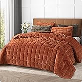 Fleeco 108'' x 96'' Velvet Quilt Set King Size, Lightweight Velvet Comforter Bedding Set, Ultra Soft Bedspread Coverlet with 2 Matching Shams, for All Seasons, Burnt Orange