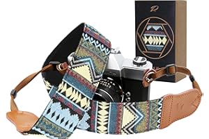 Padwa Lifestyle Camera Strap - 2" Cowhide Head Camera Straps for Photographers,Vintage Jacquard Embroidery Woven Cotton Adjustable Shoulder Neck Straps for Cameras,Binoculars（Cool Ethnic Style Green）