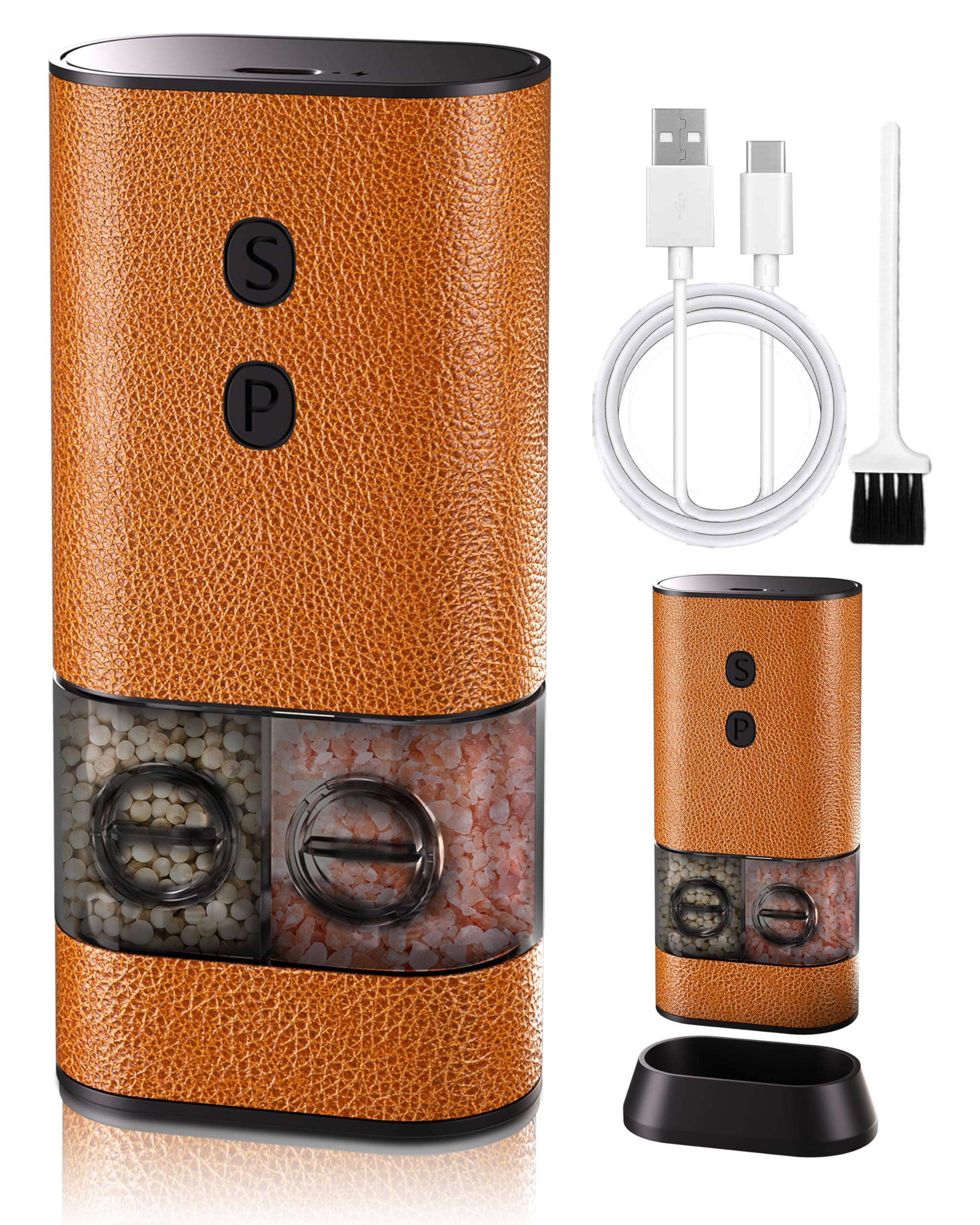 Photo 1 of 2-in-1 Electric Salt and Pepper Grinder with Storage Base, Adjustable Coarseness Upgraded Large-Capacity?Automatic Salt And Pepper Grinder with LED Light Ideal for Kitchens, Dining, Outdoor Use?brown?