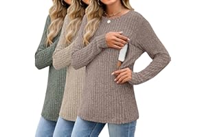 Sweetyweee 3 Pack Women's Nursing Long Sleeve Tops Breastfeeding Thermal Sweaters with Hidden Zipper Maternity Ribbed Shirts