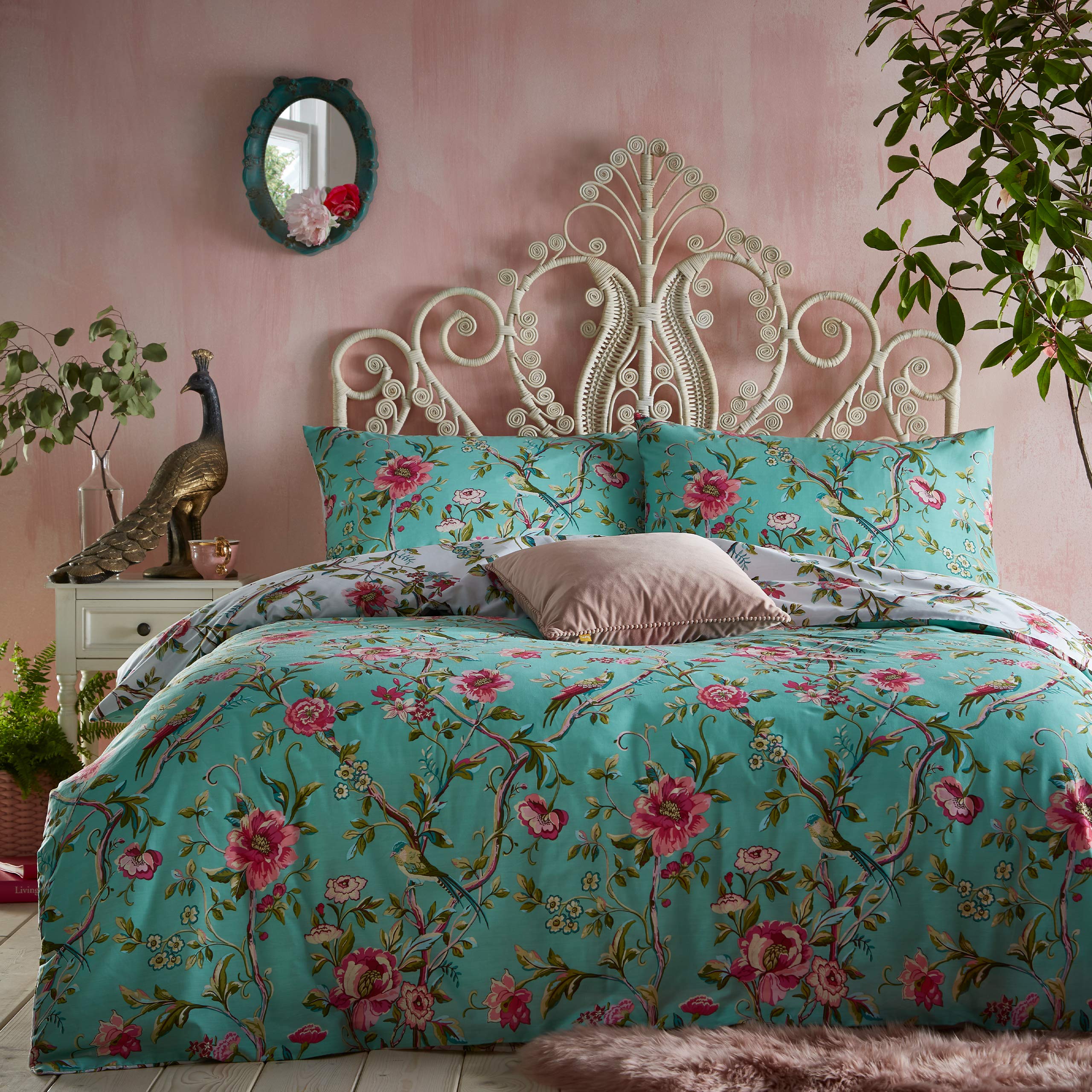 furn. Vintage Chinoiserie Duvet Cover and Pillowcase Set – Floral Exotic Bird Reversible Bedding (Jade – Super King)