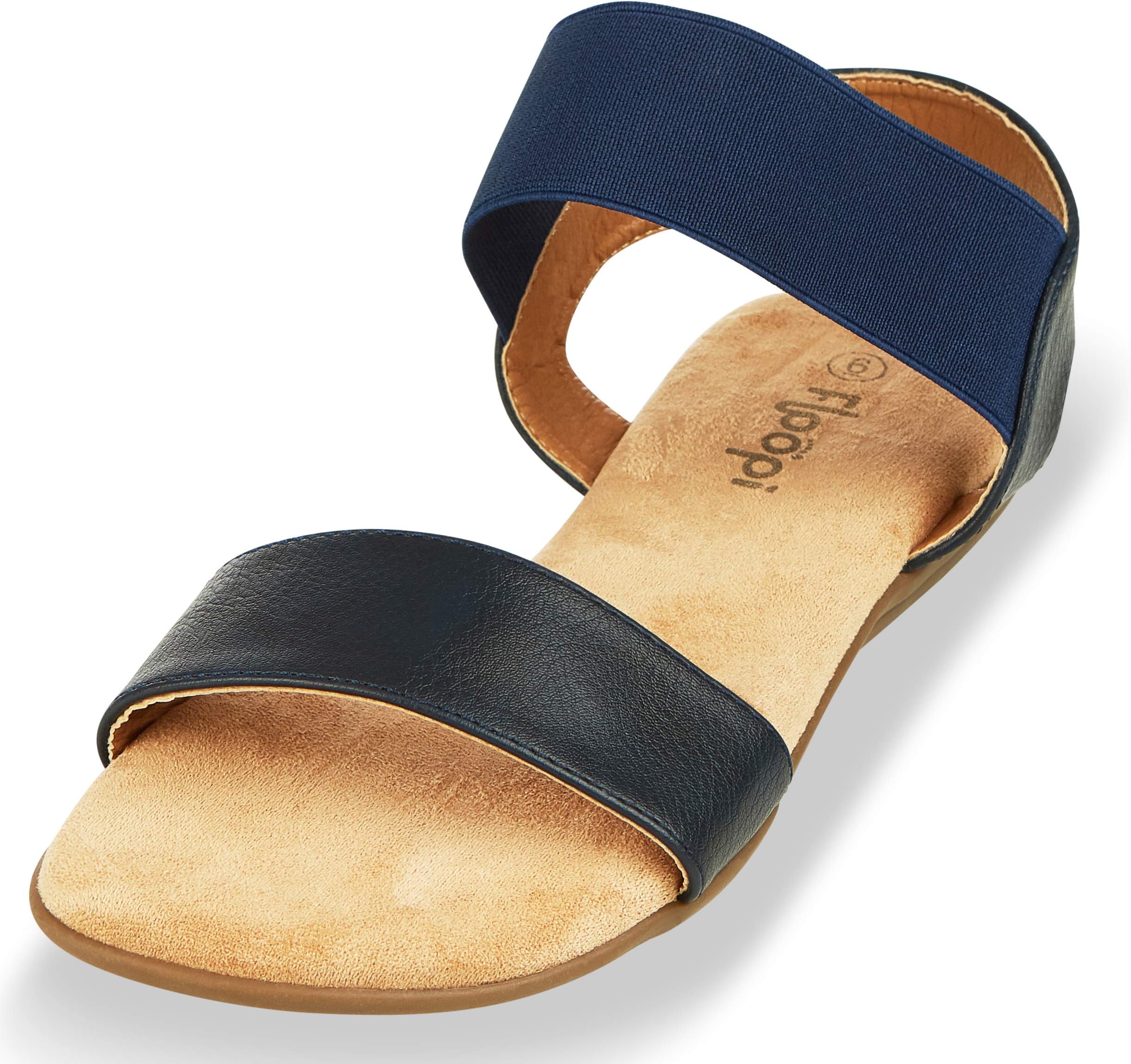 Floopi Sandals for Women | Cute, Open Toe, Wide Elastic Design, Summer Sandals| Comfy, Faux Leather Ankle Straps W/Flat Sole, Memory Foam Insole