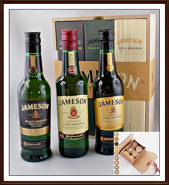 3 x 200ml Jameson irischer Whiskey im Holzkistchen und 27 DreiMeister Edel Schokoladen, kostenloser Versand