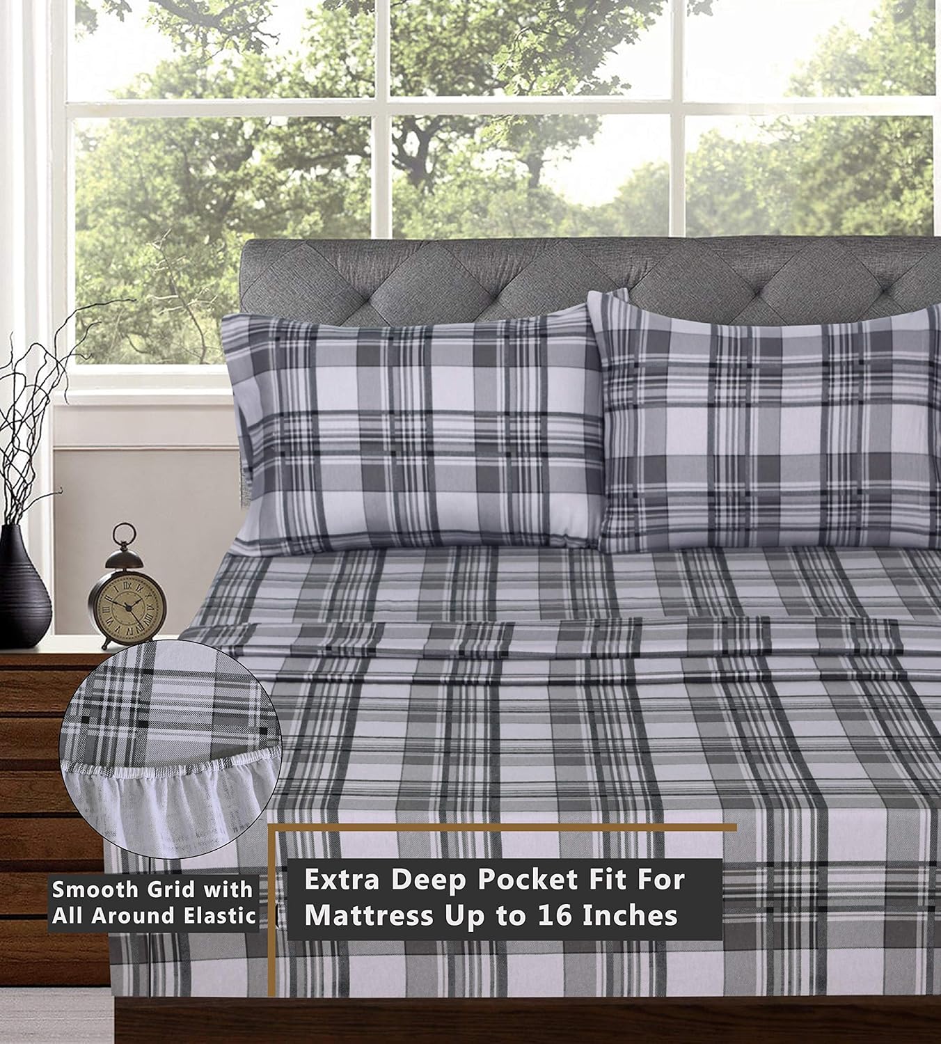 Ruvanti 100% Cotton 4 Piece Flannel Sheets Queen Balance Plaid Grey Deep Pocket-Warm-Super Soft - Breathable Moisture Wicking Flannel Bed Sheet Set Queen Include Flat Sheet, Fitted Sheet 2 Pillowcases: Home & Kitchen