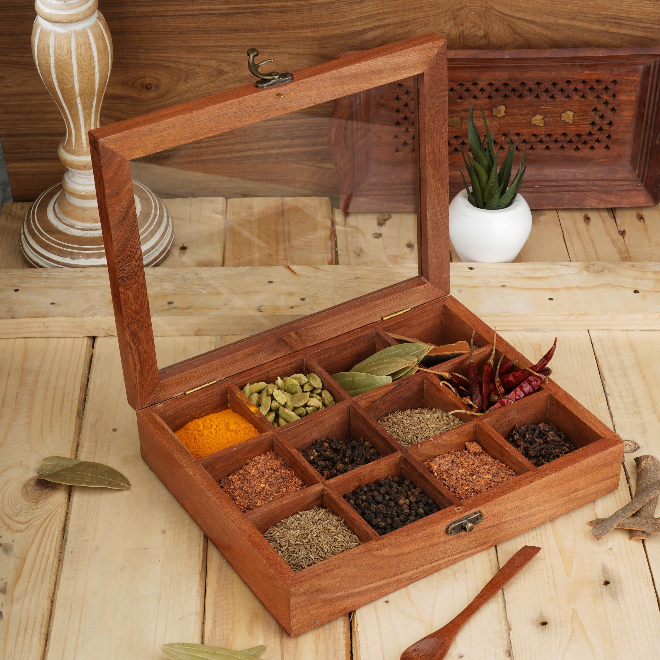 Ajuny Wooden Spice Box 10x8 Inch - Decorative Masala Dabba Organizer with Glass Lid, 12 Fixed Compartments & Spoon, Spice Storage Container, Ideal for Seasonings & Herbs, Best Gift