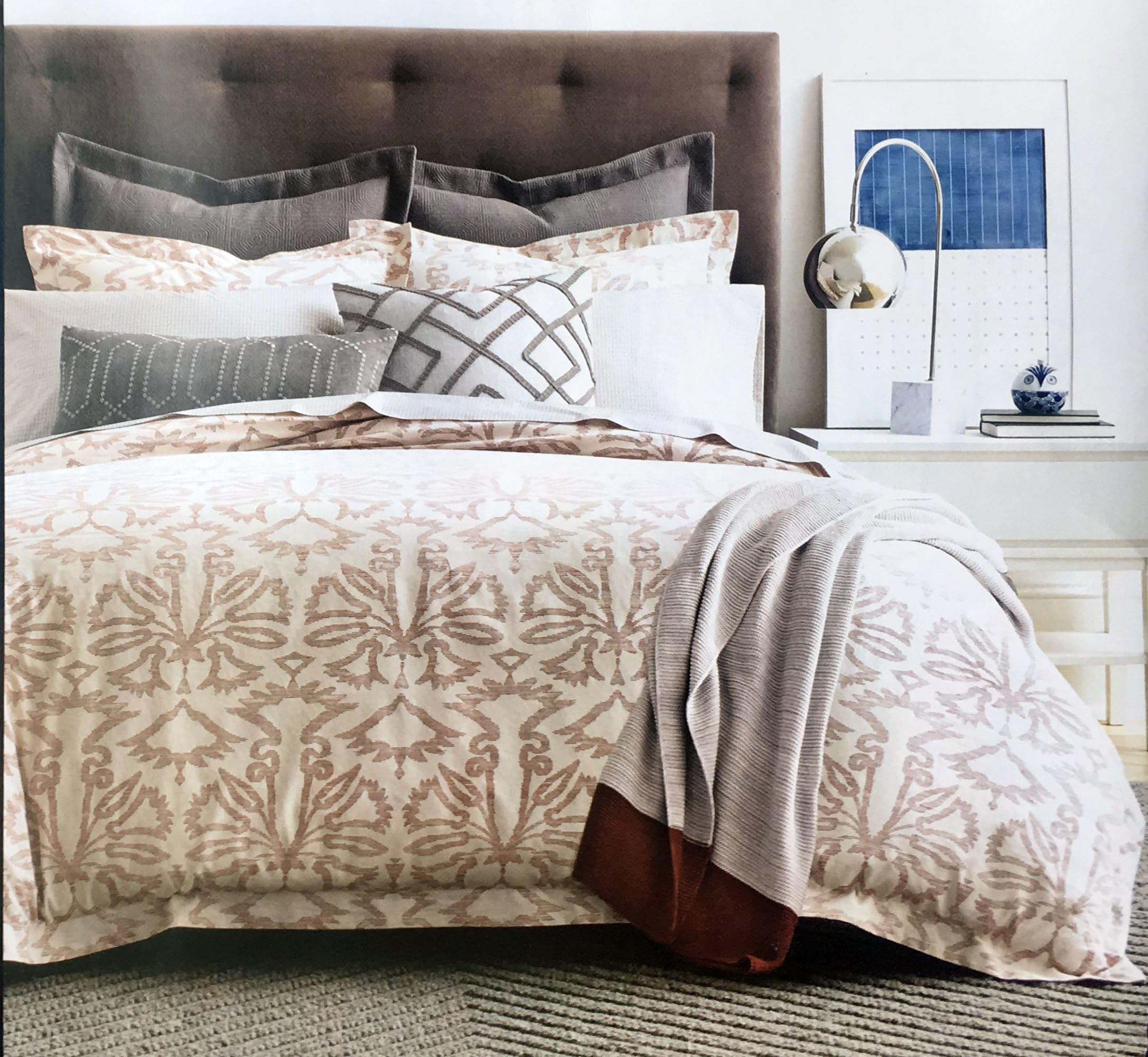 Dwell Studio Luxury Cotton/Linen Blend Full/Queen Size Duvet Cover Geometric Floral Pattern in Red on a Tan/Beige Background - Fontaine, Currant