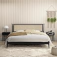 NTC Ruby Wooden Bed Frame with Headboard and Natural Rattan, Solid Oak Foundation with Silent Slats, 1000 Lb Capacity, Effortless Assembly, King - Burnt Black