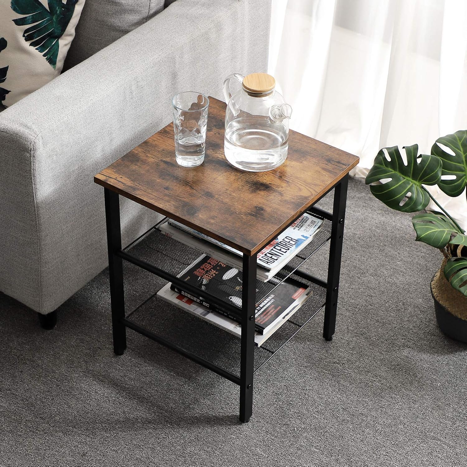 VASAGLE Nightstand, Set of 2 Side Tables, End Tables with Adjustable Mesh Shelves, for Living Room, Bedroom, Industrial, Stable Steel Frame, Easy Assembly, Rustic Brown and Black ULET24X: Kitchen & Dining
