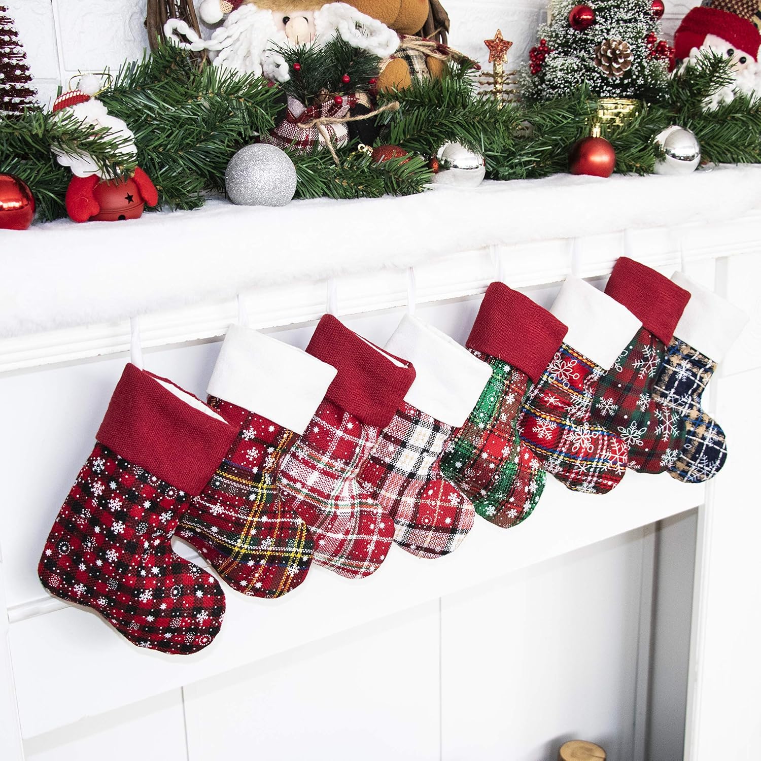 Stockings & Holders - JEKOSEN 9'' Set of 8 Mini Christmas Stocking Ornament Glitter Plaid Snowflake Print Candy Gift Bag Holders for Kids, Xmas Tree, Home, Garden, Family Fireplace Decorations