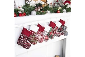 JEKOSEN 9'' Set of 8 Mini Christmas Stocking Ornament Glitter Plaid Snowflake Print Candy Gift Bag Holders for Kids, Xmas Tree, Home, Garden, Family Fireplace Decorations