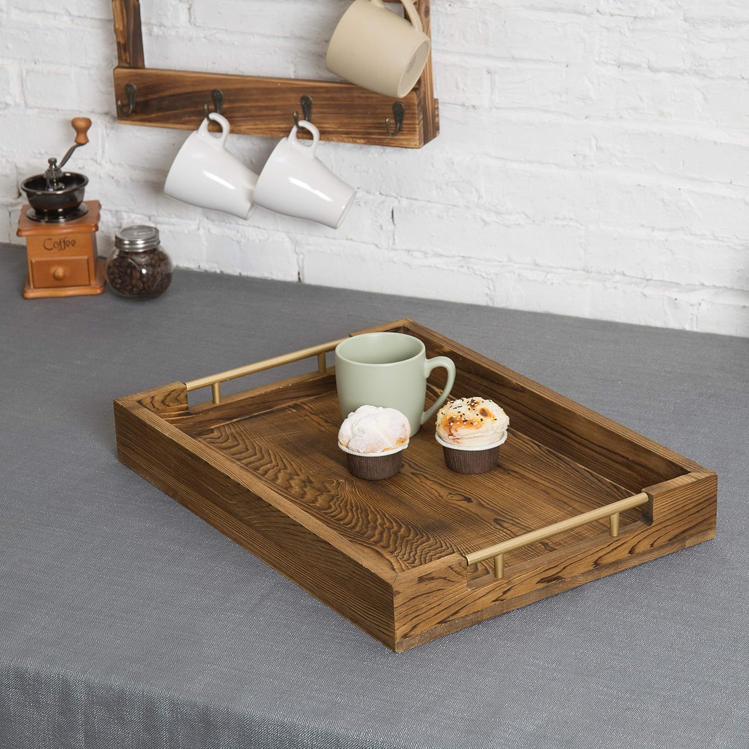 Rustic Burnt Wood 20-Inch Serving Tray with Modern Black Metal Handles: Home & Kitchen