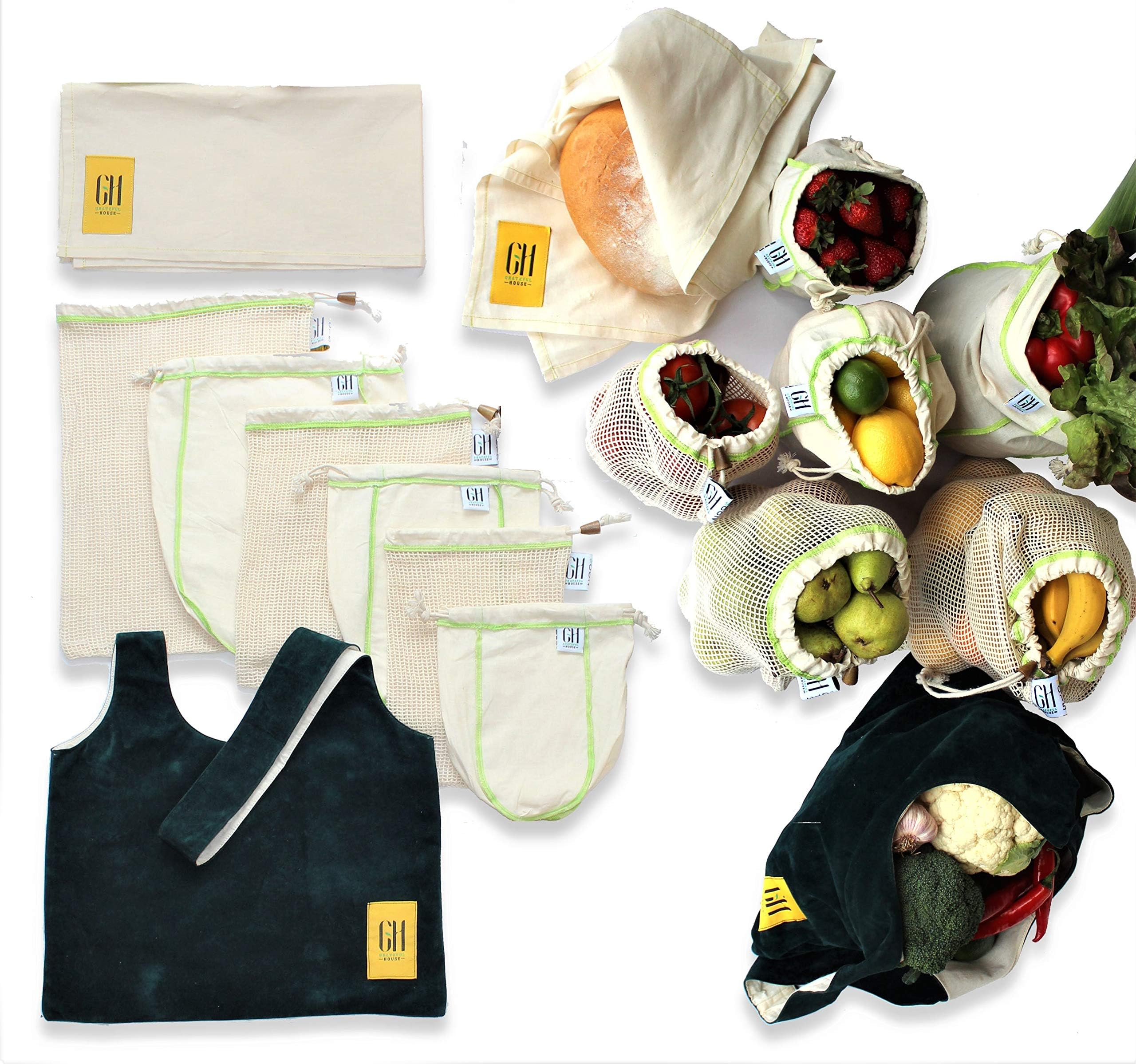 Reusable produce bags Organic Cotton Unbleached Mesh & Muslin 8 pc premium set. Durable & Machine washable w/tare weights on tags. Reduce plastic waste w/this Eco Friendly sustainable Zero waste set