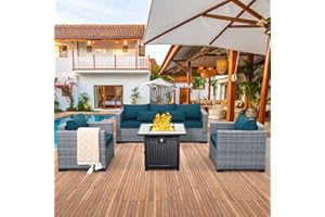 Lviden 4 Piece Wicker Patio Furniture Sets Outdoor Conversation Set PE Rattan Sectional Sofa Couch with Fire Pit Table and Peacock Blue Cushions
