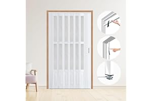 104RDHOUSE 48×80 in White Accordion Door with Frosted Acrylic Glass,PVC Interior Folding Doors for,No Need for Punching, Include Door and Mounting Hardware,Handle,Latch ﻿