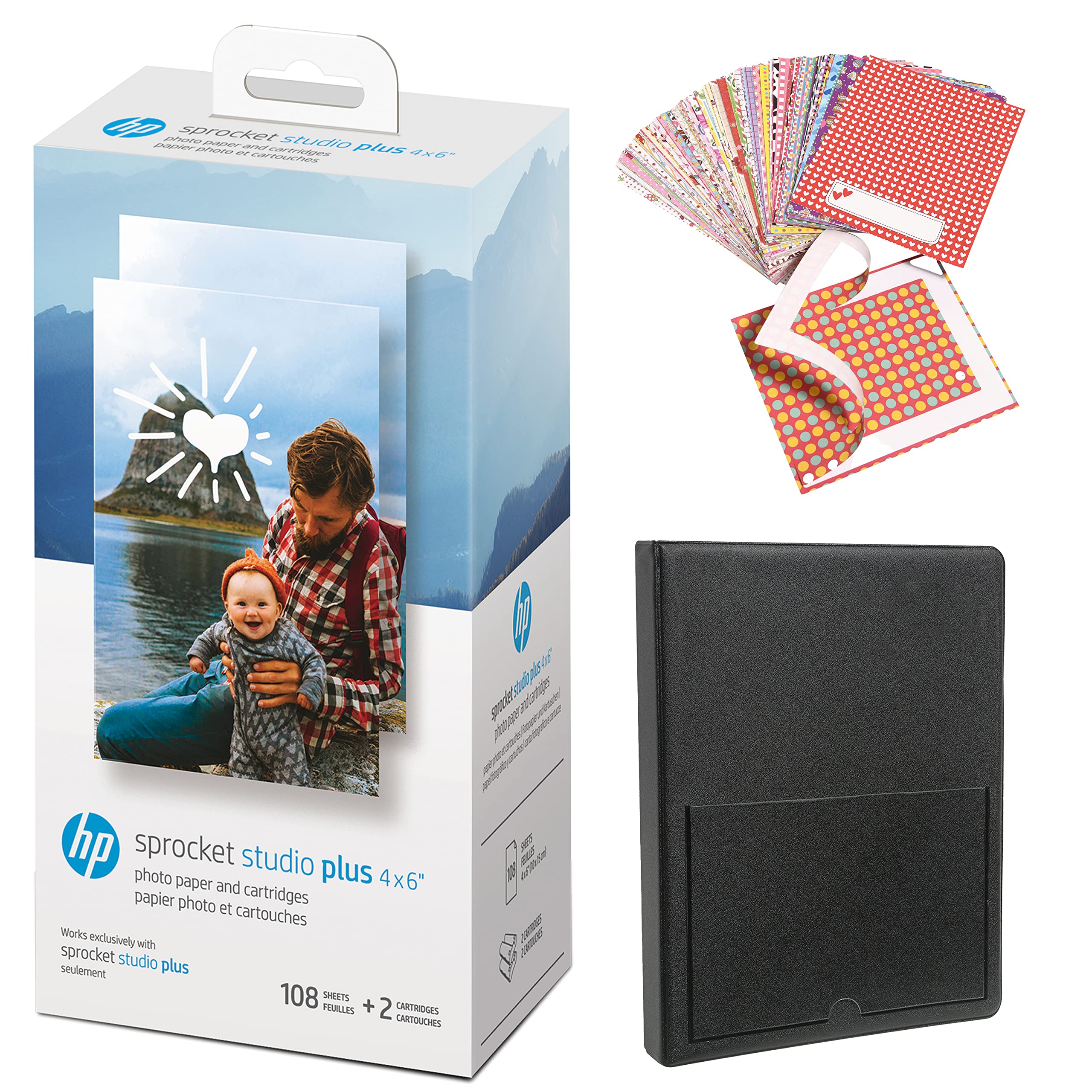HP Sprocket Studio Plus 4 x 6” Photo Paper and Cartridges Starter Bundle: Includes 108 Sheets and 2 Cartridges, Sticker Frames, Photo Album - Compatible only Sprocket Studio Plus. Image