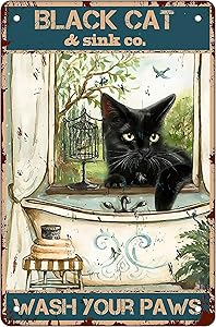 Funny Bathroom Quote Vintage Metal Tin Sign Wall Decor - Black Cat Wash Your Paws - Home/Bathroom/Classroom/Office/Cafe/Bar Decor Art Sign, Best Farmhouse Decor Gift for Women Men Friends 8