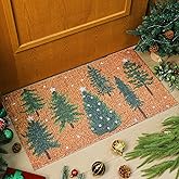 Dunzy Christmas Snowy Forest Doormat Outdoor Green Christmas Tree Imitation Coir Welcome Doormats Xmas Winter Front Door Non-