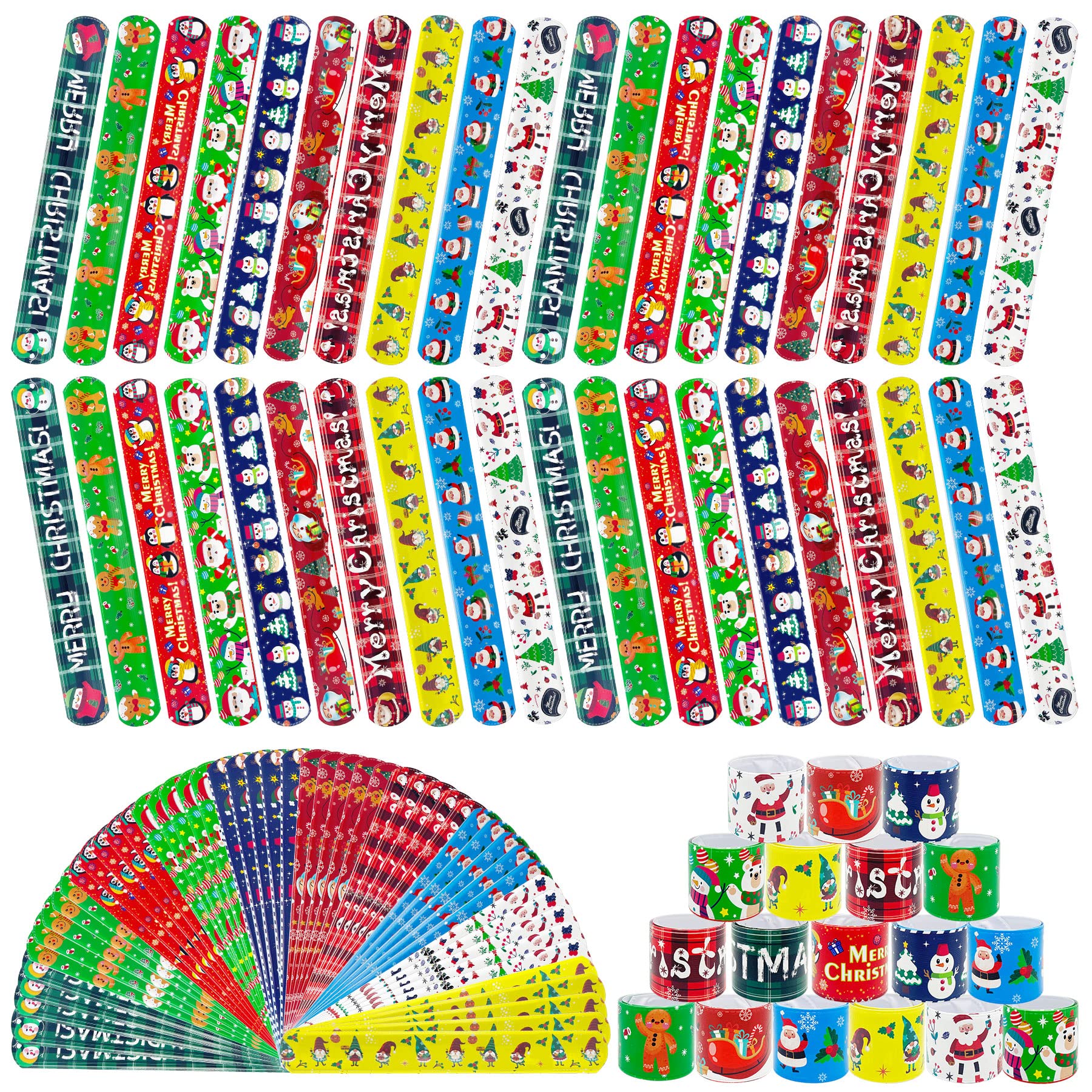 JUNEBRUSHS 40 Pack Christmas Bracelets for Kids with Christmas Slap Christmas Party Snap Bracelets for Boys Girls Christmas Gifts Socks (Christmas)