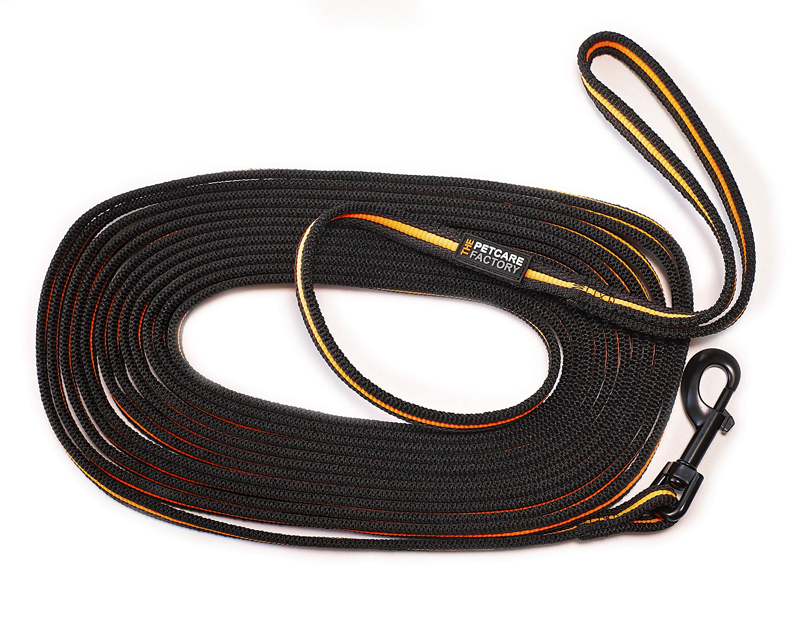 The Petcare Factory 7.5 metre, 1.5 cm Polyester Long Line Training Lead with Rubber Non-Slip Thread (Black & Neon Orange)