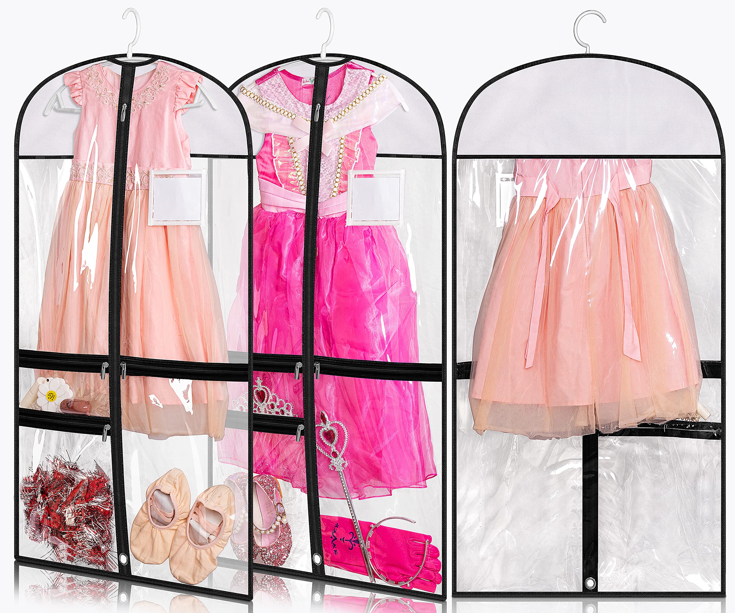 Kimbora Clear Dance Costume Garment Bag for Dancers 3 Zippered Pockets Kids Embroiderable Competitions Bags, Clothes Cover for Girls Dress(3 Packs)