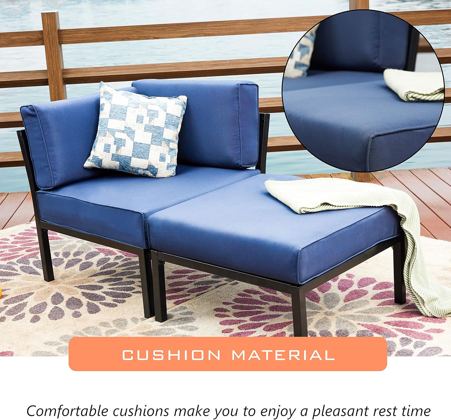 LOKATSE HOME 2 Piece Patio Sectional Furniture Set Outdoor Armchair Corner Sofa with Ottoman, 2Pcs-1, Blue Cushions : Garden & Outdoor