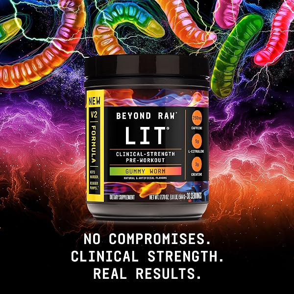 BEYOND RAW LIT V2 CLINICAL STRENGTH PRE WORKOUT POWDER, HITS HARDER, BIGGER PUMPS, CAFFEINE, L-CITRULLINE, CREATINE, GUMMY WORM, 30 SERVINGS