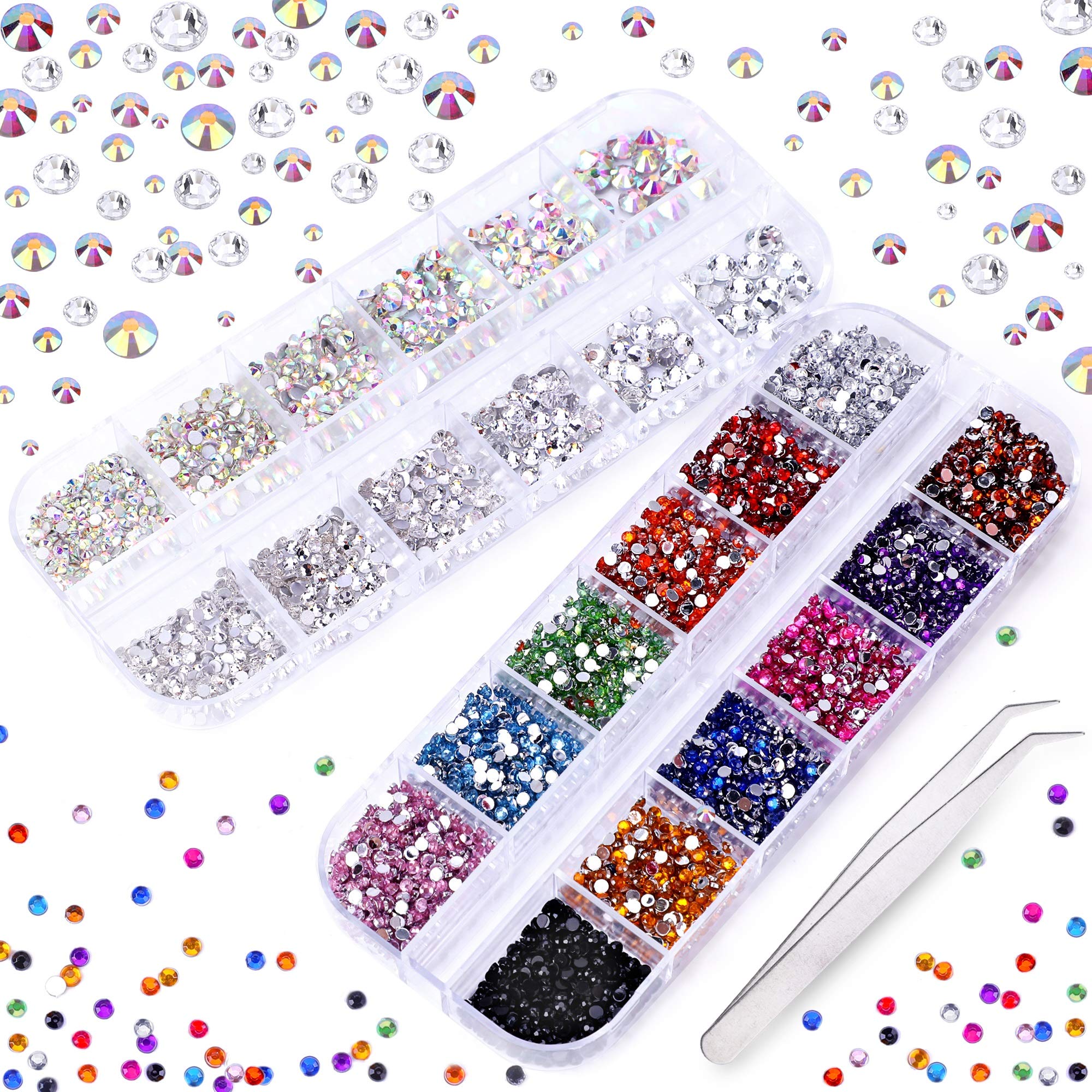 3000+ PCS Rhinestones for Craft, PHOGARY AB Rhinestones Flat Back 7 Sizes 13 Colors with Pick Up Tweezer for Crafts Nail Face Art Clothes Shoes Bags Phone Case DIY
