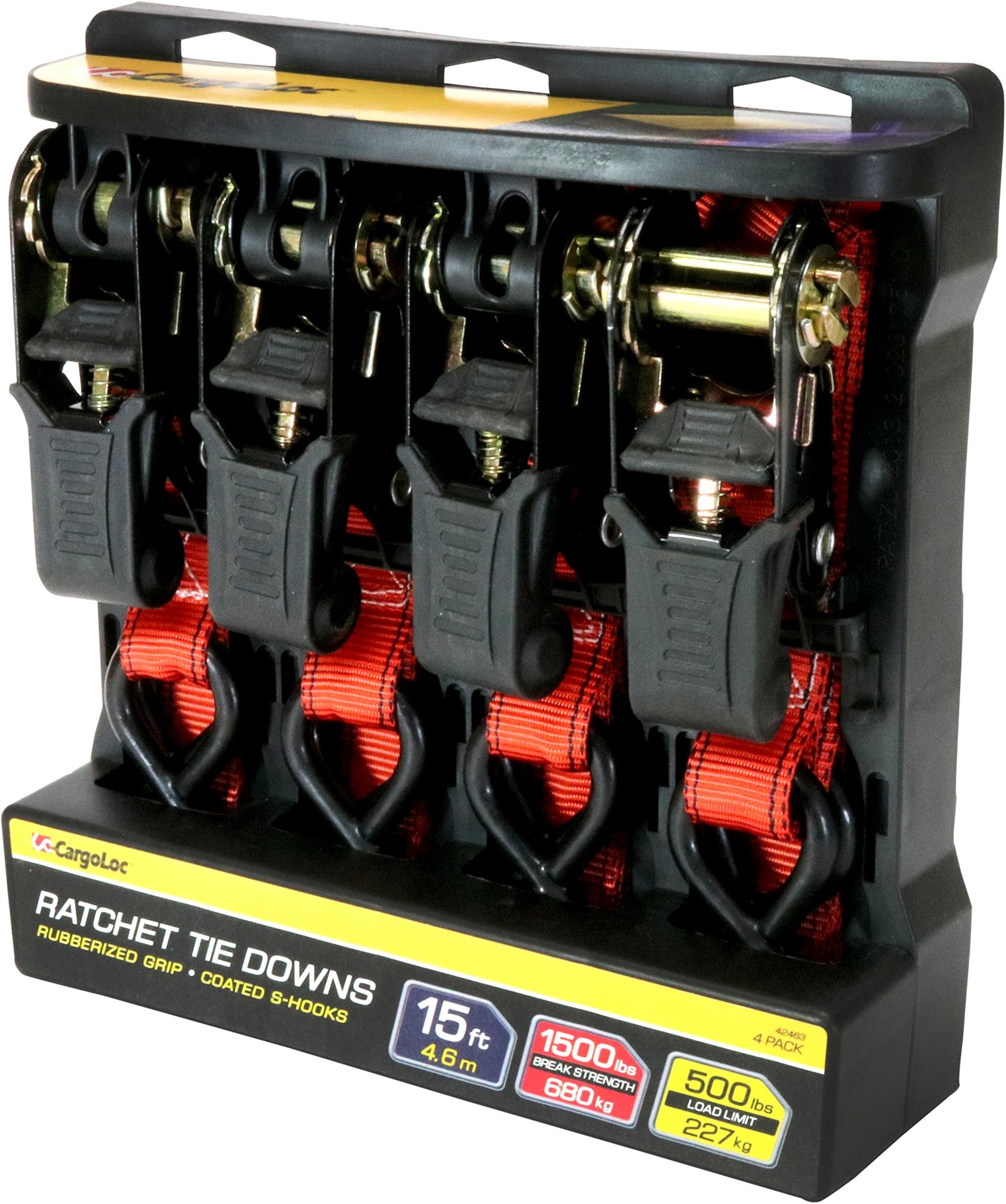 CargoLocPremium Ratchet Tie Downs - 4 Pk - 15 Ft - 500 Lbs Load Cap - 1,500 Lbs Break Strength - Cargo Straps for Moving Appliances, Lawn Equipment, Motorcycles, etc. - RED