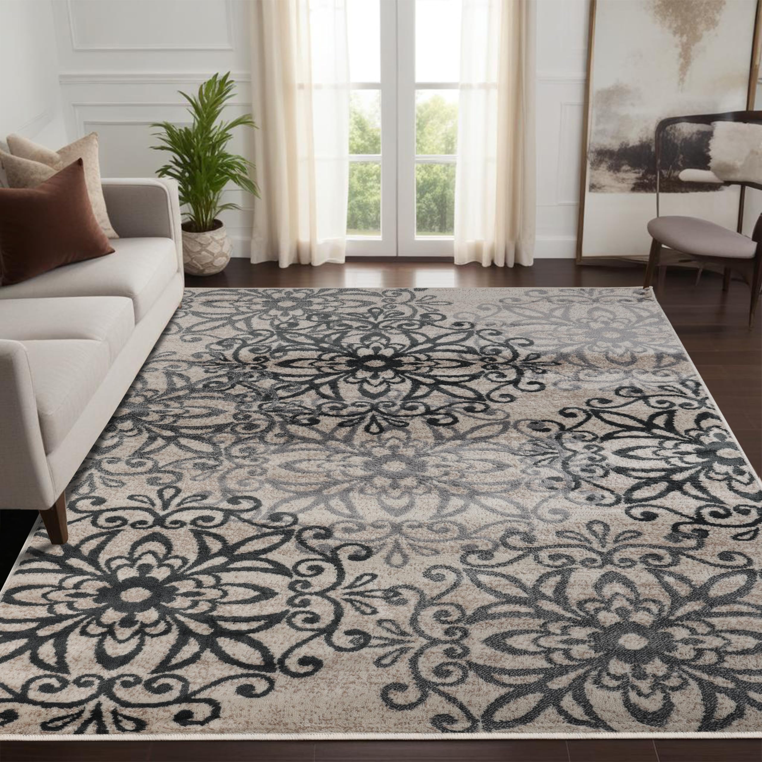 Superior Indoor Area Rug, Jute Backed, Perfect for Entryway, Office, Living/Dining Room, Bedroom, Kitchen, Hardwood Floor, Floral Scroll Decor, Leigh Collection, 4' x 6', Oatmeal Image