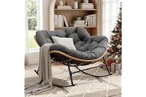 NICESOUL Rocking Papasan Chair Indoor Outdoor, Cushioned Patio Rattan Rocker, Oversized Large Egg Royal Rocking Chairs, 450lbs Sturdy Comfy Lounge Glider for Outside, Balcony, Porch, Xmas Gift, Grey