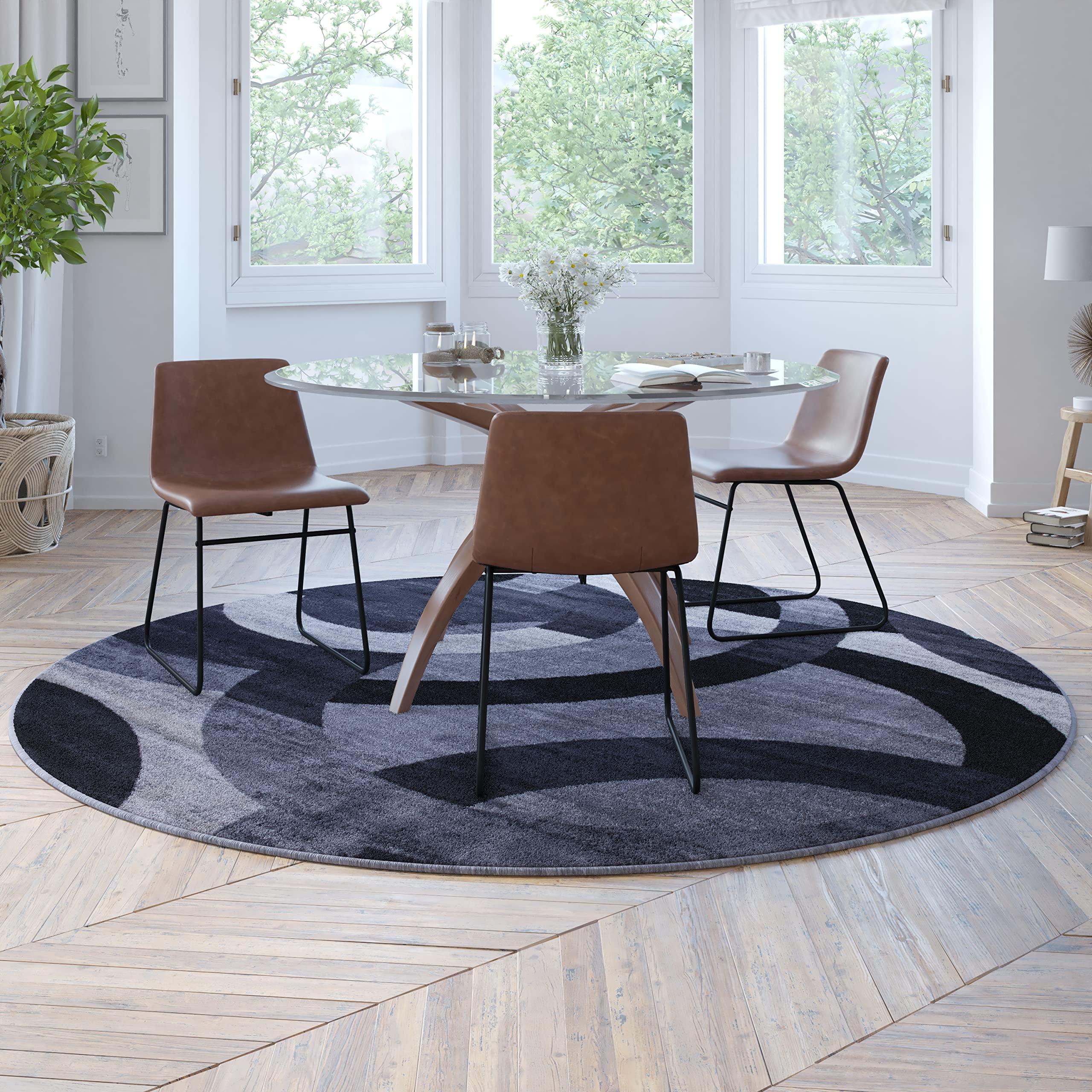 Photo 1 of Flash Furniture Harken Collection 8' x 8' Round Geometric Area Rug - Black and Gray Olefin Facing - Jute Backing - Living Room or Bedroom