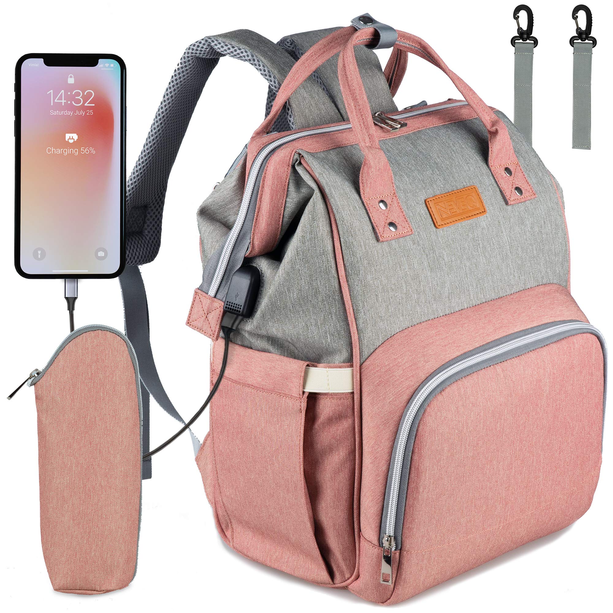 NEVEQ Baby Changing Backpack, Multi-Function Travel Diaper Bag Nappy Backpack with USB, Large Capacity, Stroller Straps, and Multiple Functionalities (Gray and Pink)