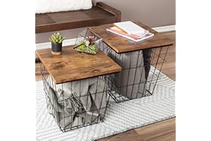End Tables Set of 2 - Nesting Tables with Removable Wood Tops and Metal Basket Bases for Blanket Storage - Square Side Furniture for Living Room, Bedroom, or Home Office by Lavish Home (Brown)