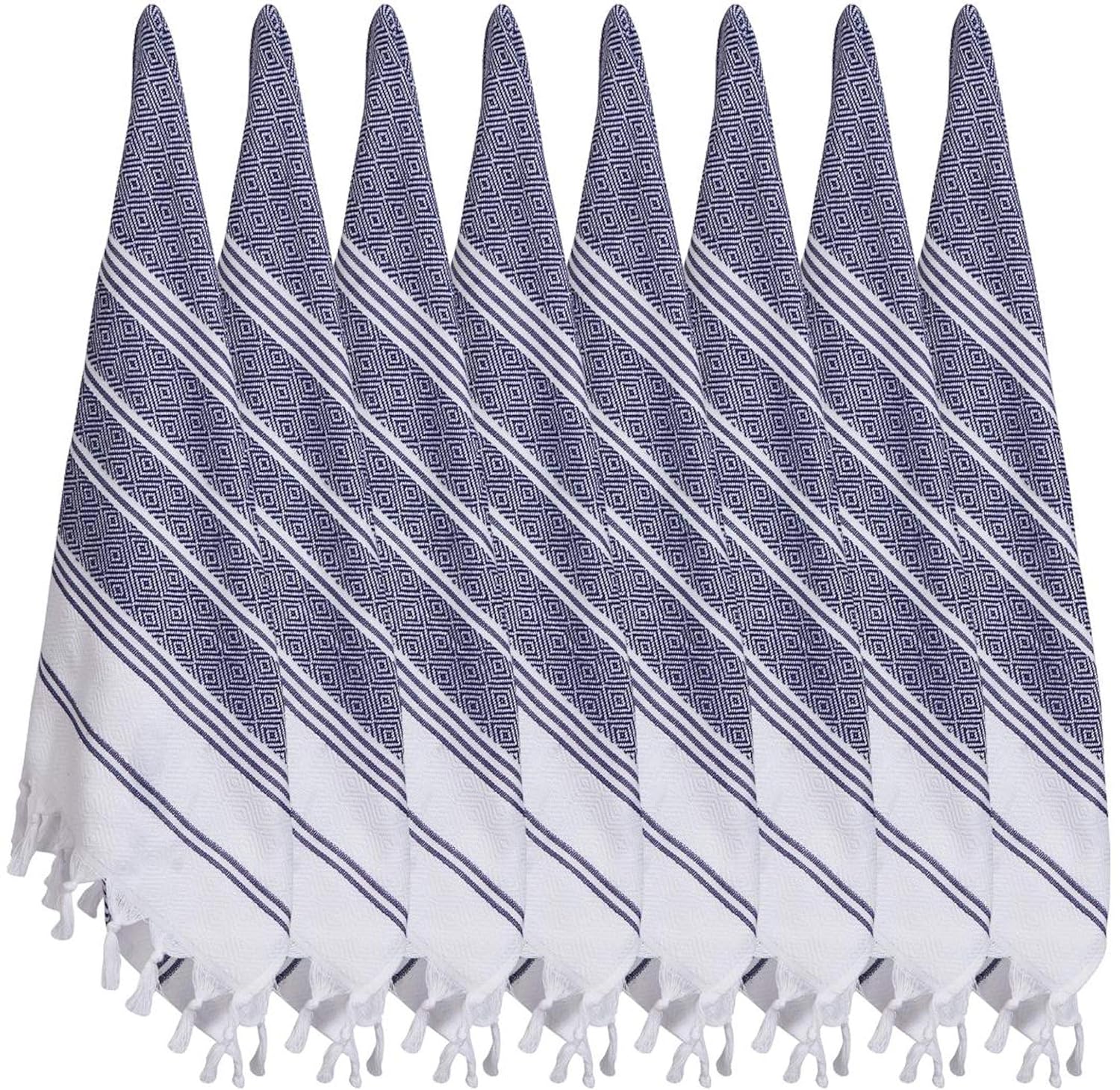 BOSPHORUS (SET of 8) Turkish Cotton Hand Face Head Guest Gym Towel Set Peshtemal Washcloth Kitchen Tea Towel Dish Cloth Set (Navy)