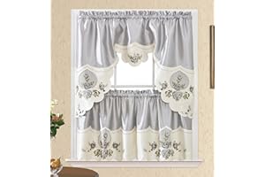 GOHD GOLDEN OCEAN HOME DECOR GOHD Rose Melody. 3pcs Kitchen Cafe Curtain Set.Farmhouse Swag and 24 inches Tiers Set for Small Windows. Nice Matching Color Rose Embroidery on Border and Inserted Organza. (Silver Grey)