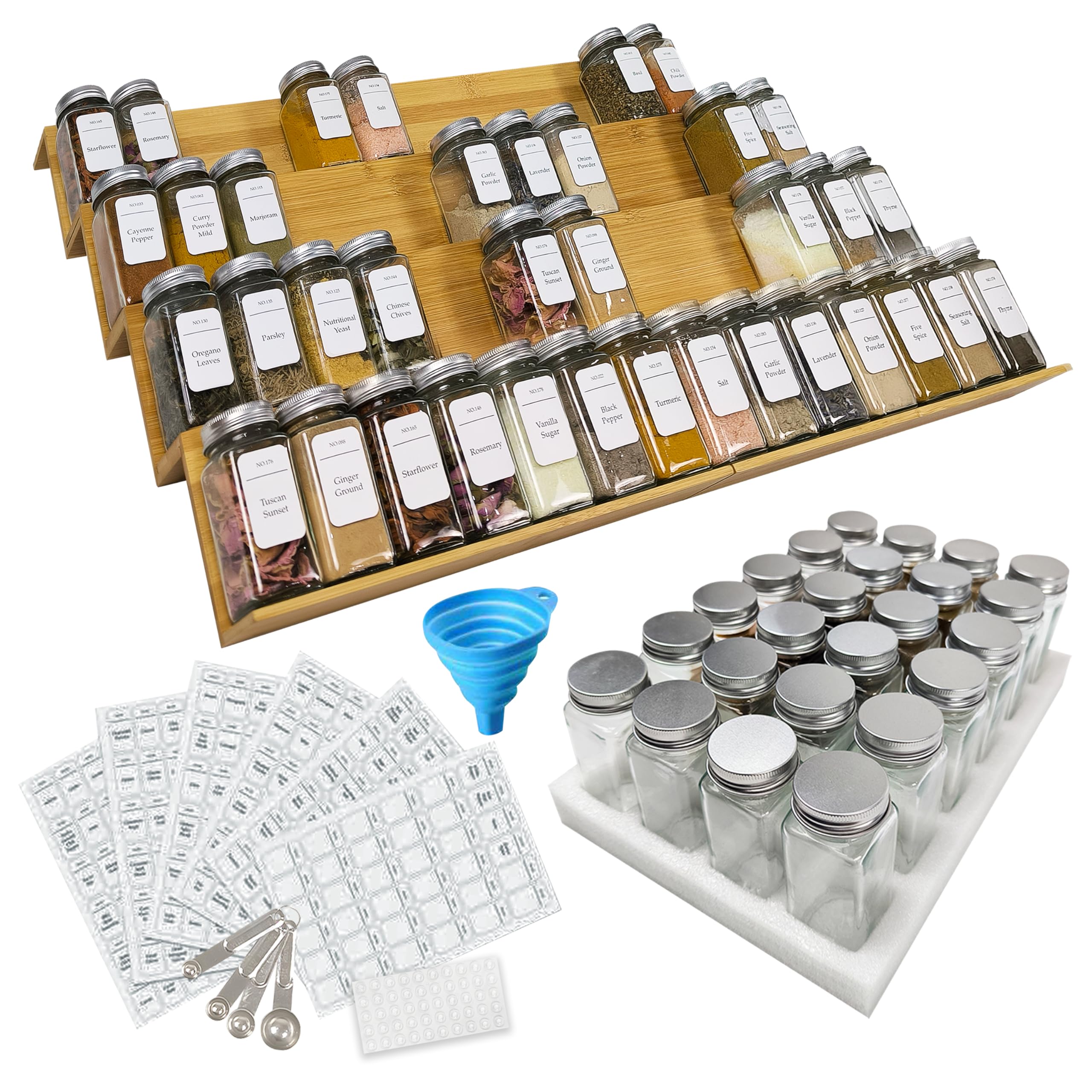 Photo 1 of Spice Drawer Organizer with Jars and Labels - Bamboo Spice Rack For Drawer - Spice Organization For Cabinet Drawer - Spice Organization For Drawer - Spice Organizer For Drawer -Bamboo Drawer Organizer