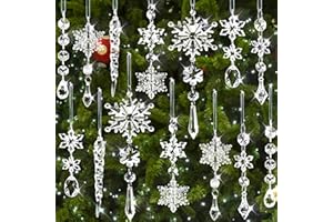 VOVEA 20 PCS Crystal Christmas Ornaments, Acrylic Icicle & Snowflake Decorations with Silk Ribbon for Christmas Tree & Party Decorations