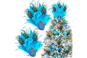 Riceshoot 15 Inch Peacock Christmas Tree Topper Peacock Feathers Christmas Decorations Glitter Blue Peacock with Clip for Indoor Outdoor Birthday Cake Party Accessories(2 Pcs)
