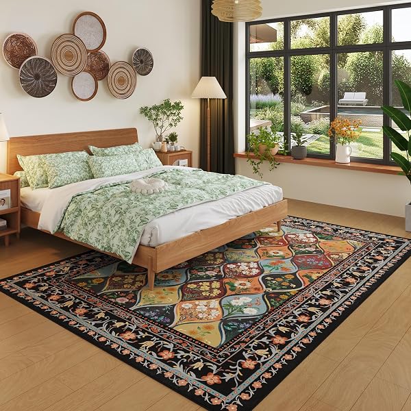 VOWKTEN BOHEMIAN GEOMETRIC FLORAL 8X10 AREA RUGS, MACHINE WASHABLE, LOW PILE SOFT CARPET, NON-SLIP FOR LIVING ROOM, BEDROOM, DINING ROOM, FARMHOUSE, KIDS PLAYROOM, OFFICE | BLACK