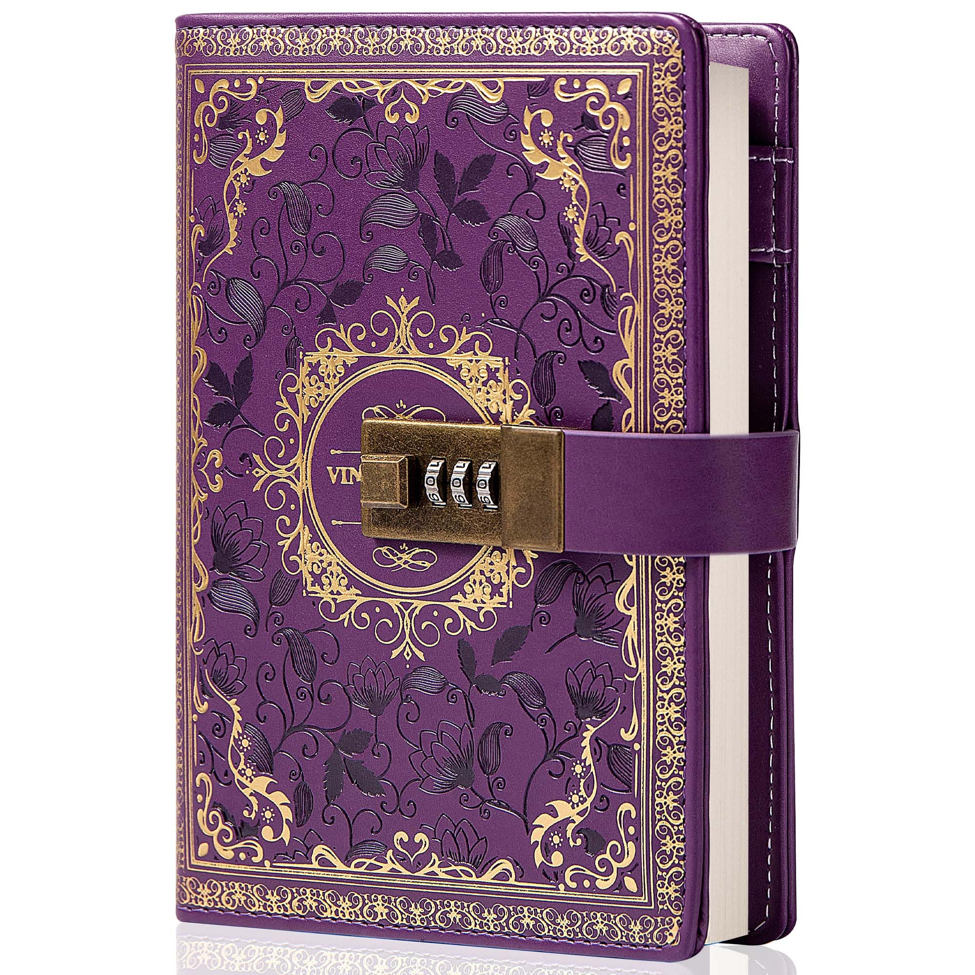 TIEFOSSI Vintage Leather Journal Notebook with Combination Lock, B6 Embossed Flower Secret Diary Ruled Lined Paper for Writing, Gift for Women Girls Children (Purple)