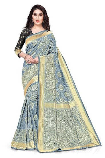 Womens Silk Blend All Over Woven Zari Velly & Circular Pattern Saree