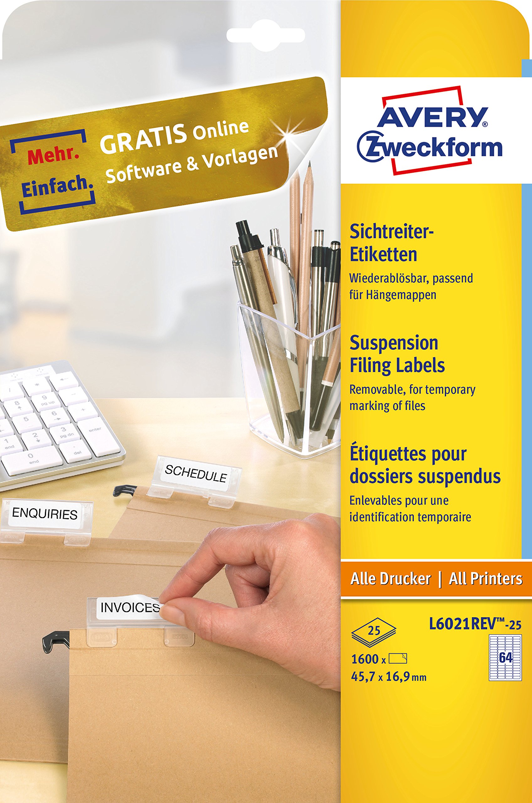 Avery Zweckform L6021REV-25 Folder Labels for Label Holders on Suspension Files Stick+Lift 45.7 x 16.9 mm 25 Sheets