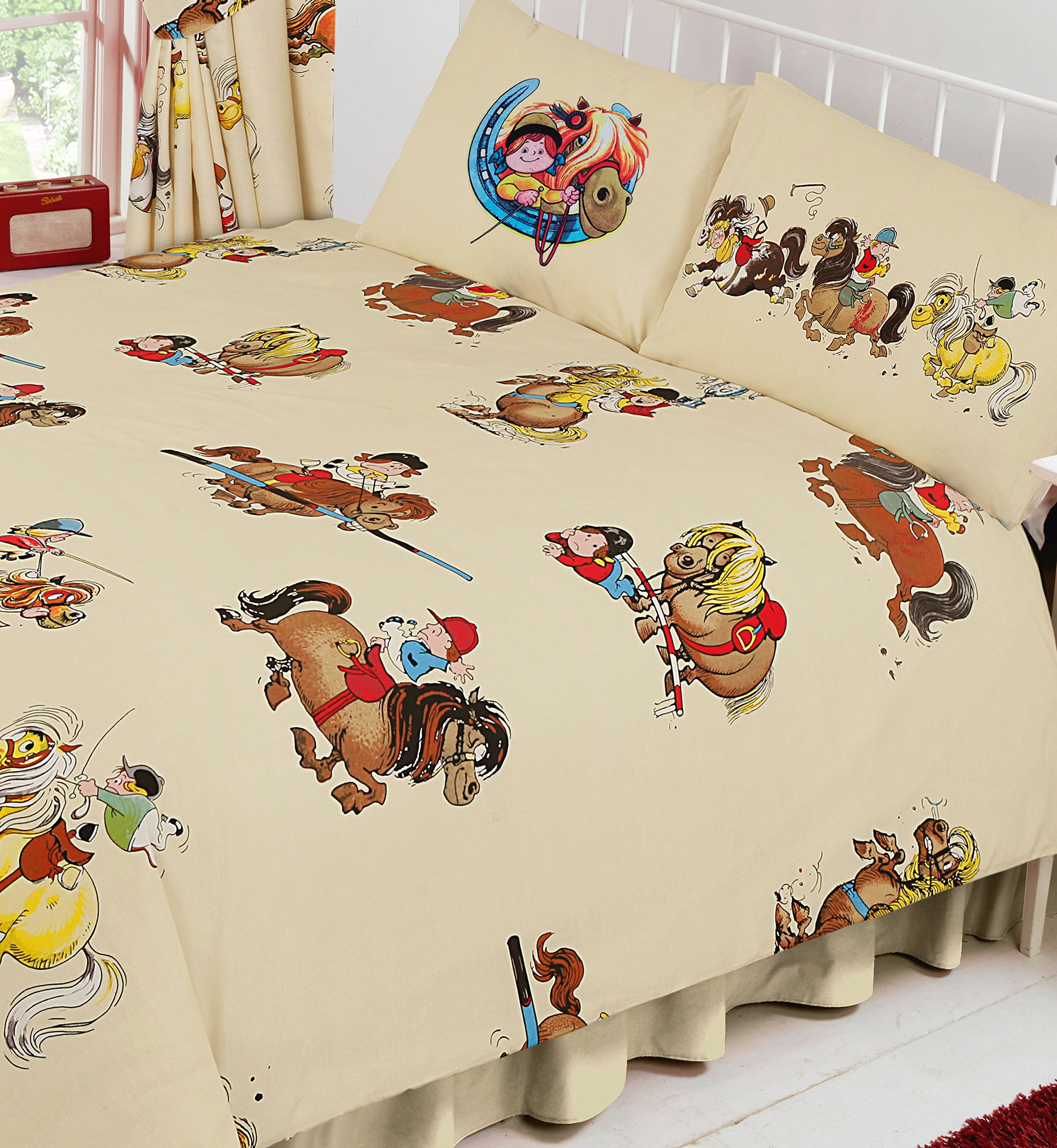 Thelwell Double Bed, Duvet/Quilt Cover Set, Novelty Kids Horses Equestrian Riding, Cream Red Brown Yellow Green Multi
