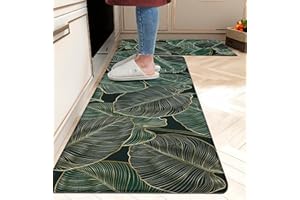 CHIINVENT Kitchen Mats for Floor Cushioned Anti Fatigue Mats for Kitchen Floor Green Kitchen Floor Mat Memory Foam Boho Kitchen Rugs Luxury Kitchen Runner Kitchen Rugs Sets of 2, 17.3x28 + 17.3x47, 0.4 inches