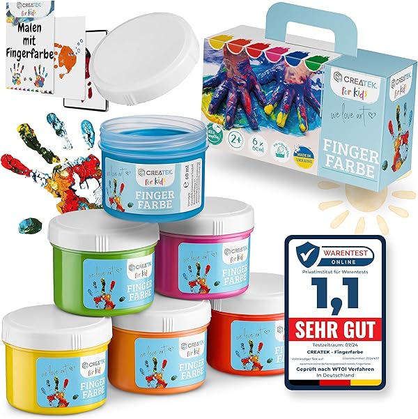 CreaTek - Fingerfarben Kinder ungiftig ab 2 Jahre [ inkl. lustiger Malvorlagen ] 100% sicher, vegan, geruchlos & auswaschbar - 6x leuchtende Grundfarben je 60ml - Fingermalfarben für Kinder ungiftig