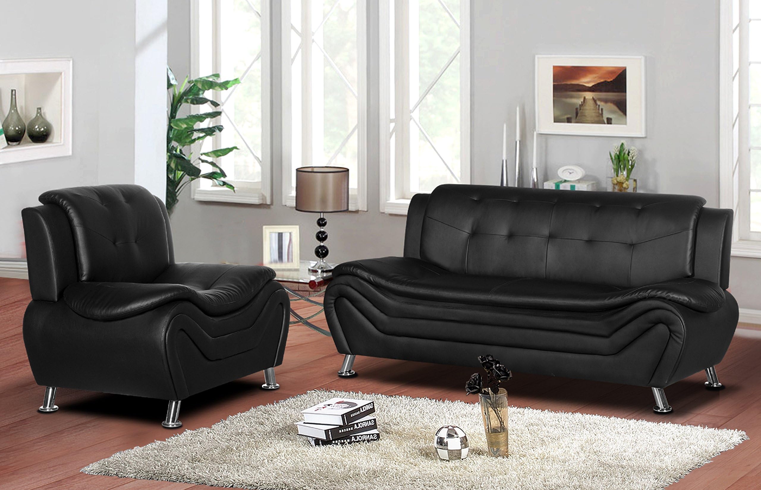 Container Furniture Direct Arul Leather Air Upholstered Mid Century Modern Set with 77.5" Sofa Chair, Black