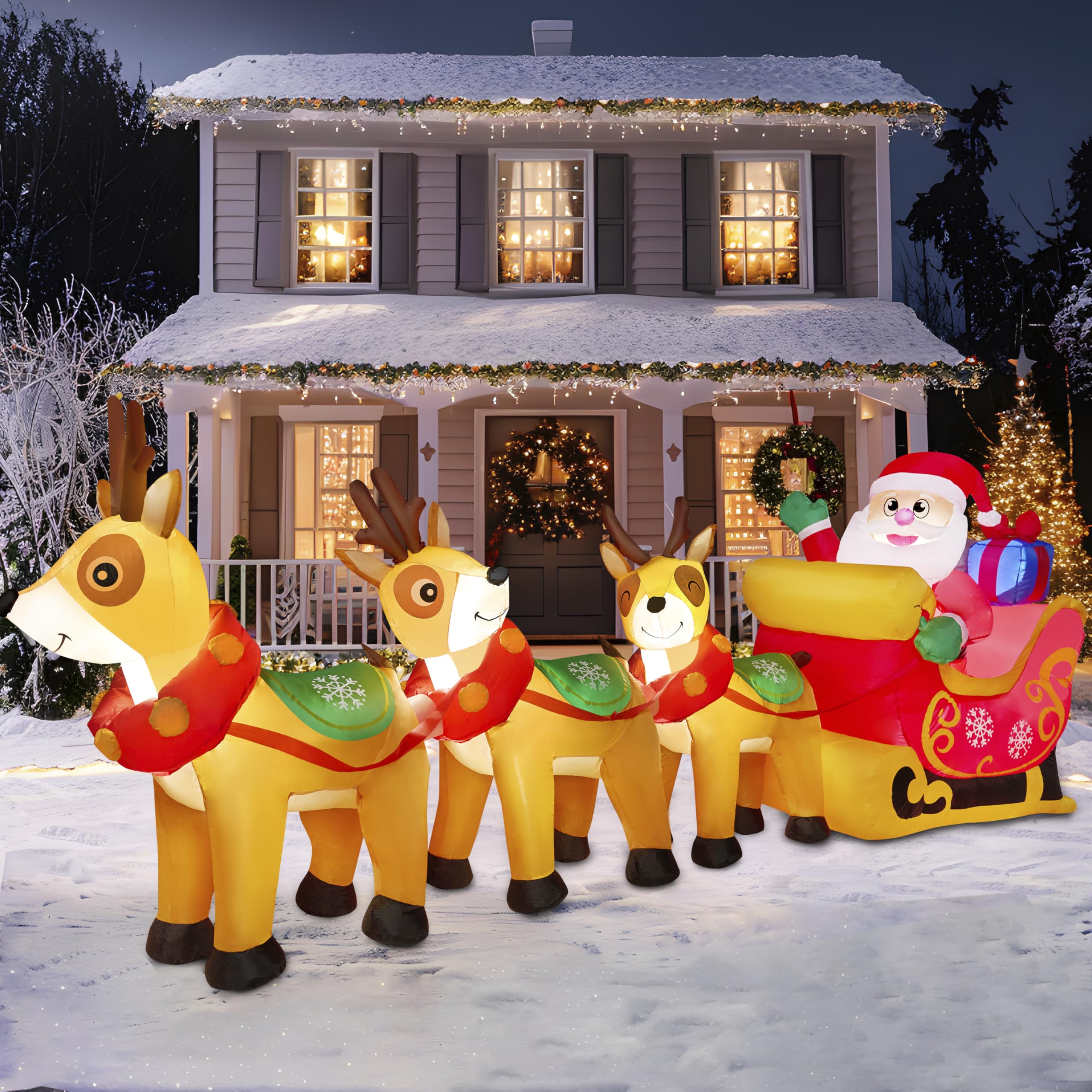 Photo 1 of Joiedomi 9.5 ft Christmas Inflatables Outdoor Decoration, Christmas Blow Ups Santa on Sleigh with Reindeer, Christmas Yard Inflatables with LED for Outdoor Xmas Decor, Christmas Decoration Outside