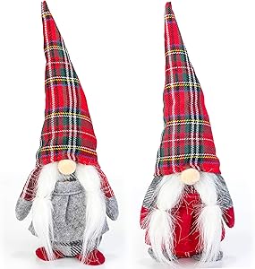 Costyleen Handmade Swedish Tomte Scandinavian Christmas Santa Gnome Plush Home Ornaments Table Decor Festival Decoration Xmas Gifts 2pc - Plaid Hat with Braid 10.6 inches